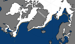 Istäckets utbredning den 7 mars i år är markerad med vitt. Snittet för tidigare års maximala utbredning visas med orange linje. BILD: National Snow and Ice Data Center